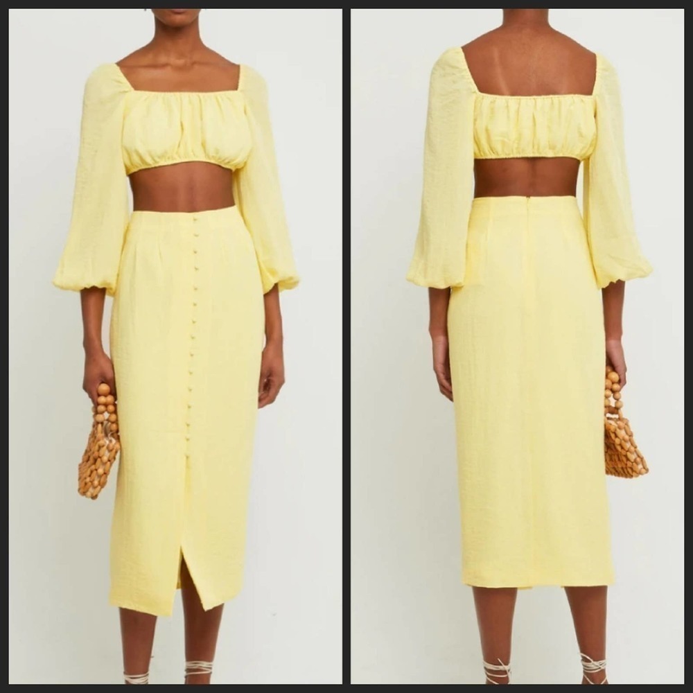 NEW! KOURT Yellow 2-Piece Set Crop Top & Midi Skirt Travel Summer Casual.